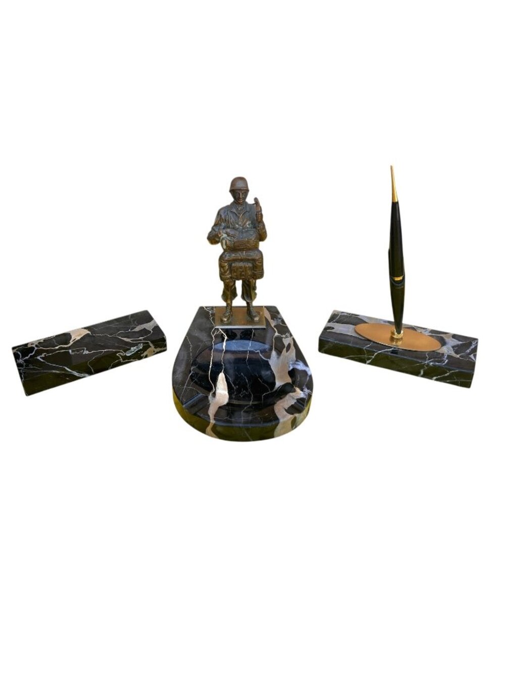 Portoro Marble Desk Set Paratrooper Ashtray Paperweight Magnetic Pen & Tulip VTG